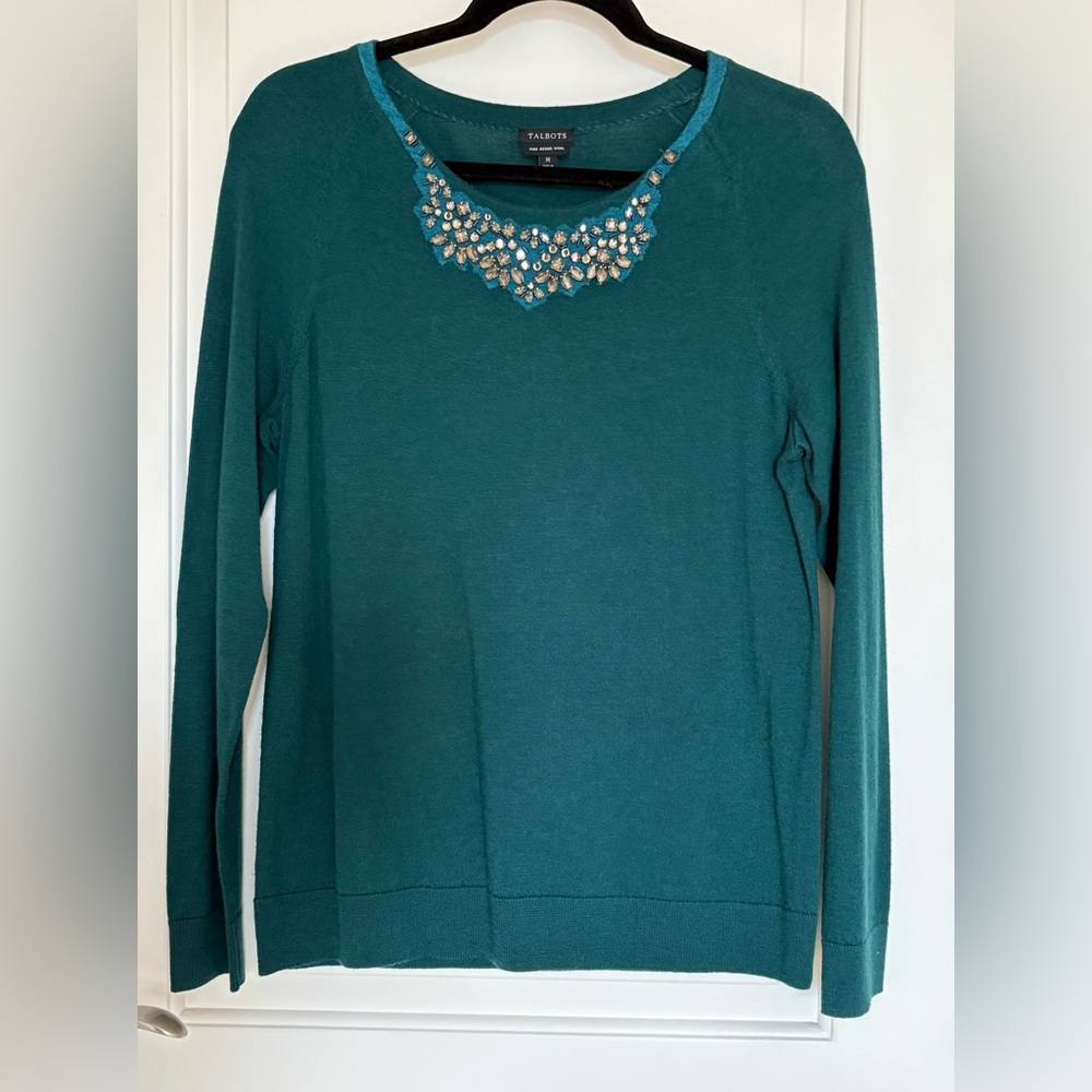 NWOT Talbots Dark Green Fine Merino Wool Sweater with Rhinestones